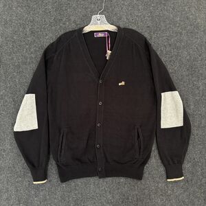 Akoo Cardigan Sweater Men's XL Black Cotton Button Front Elbow Patches Pullover